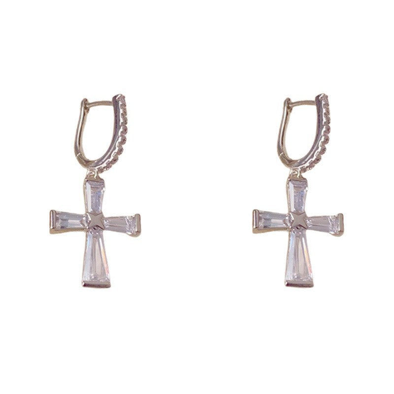S925 Silver Cross Huggie Earrings, Minimalist Tapered Baguette Diamond Cross Drop Earrings in Gold & Silver