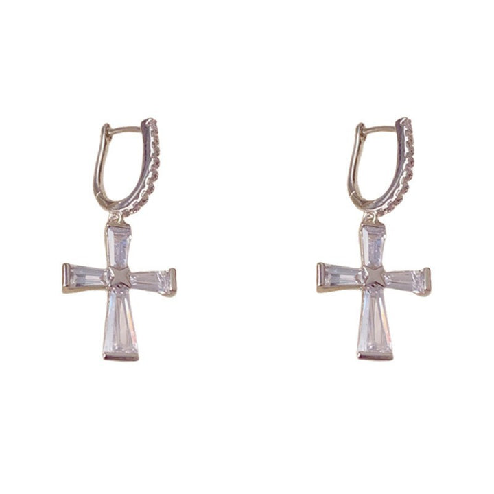 S925 Silver Cross Huggie Earrings, Minimalist Tapered Baguette Diamond Cross Drop Earrings in Gold & Silver
