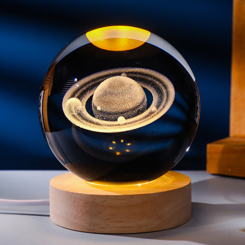 3D Laser Engraved Glowing Crystal Ball Ornament, Multi-Pattern Solid Wood Warm LED Base Night Light Gift