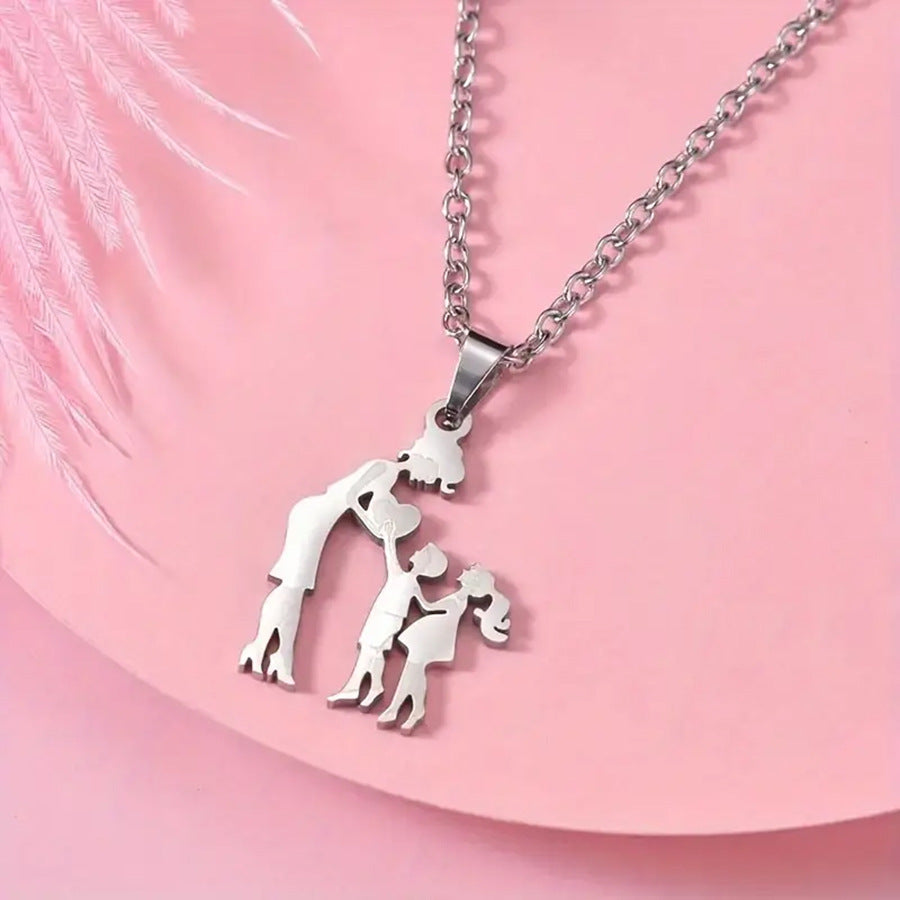 Mother & Kids Silhouette Pendant Necklace, 316L Titanium Steel Silver Plated Family Keepsake Necklace, Multiple Figures, Gold & Silver Family Jewelry