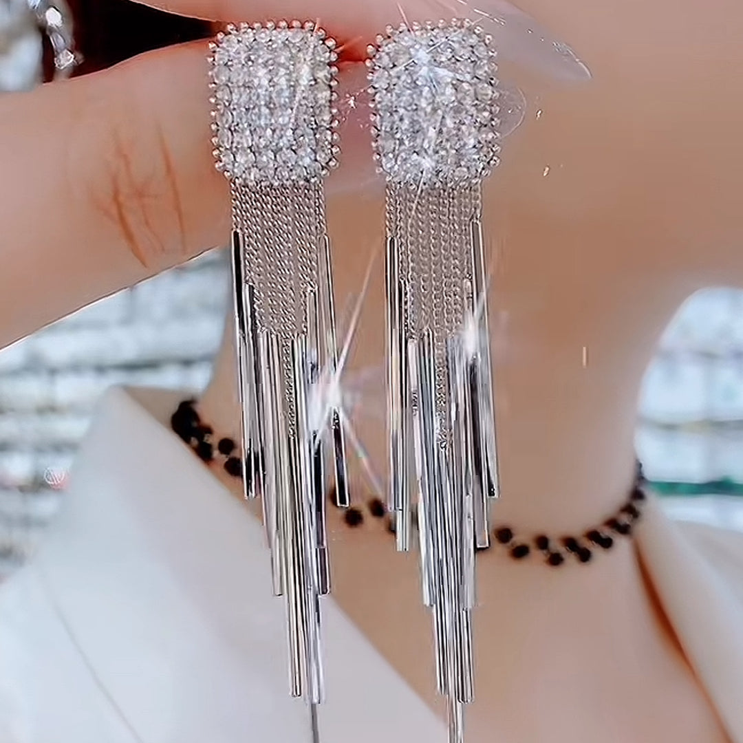 Square Pavé Long Tassel Drop Earrings