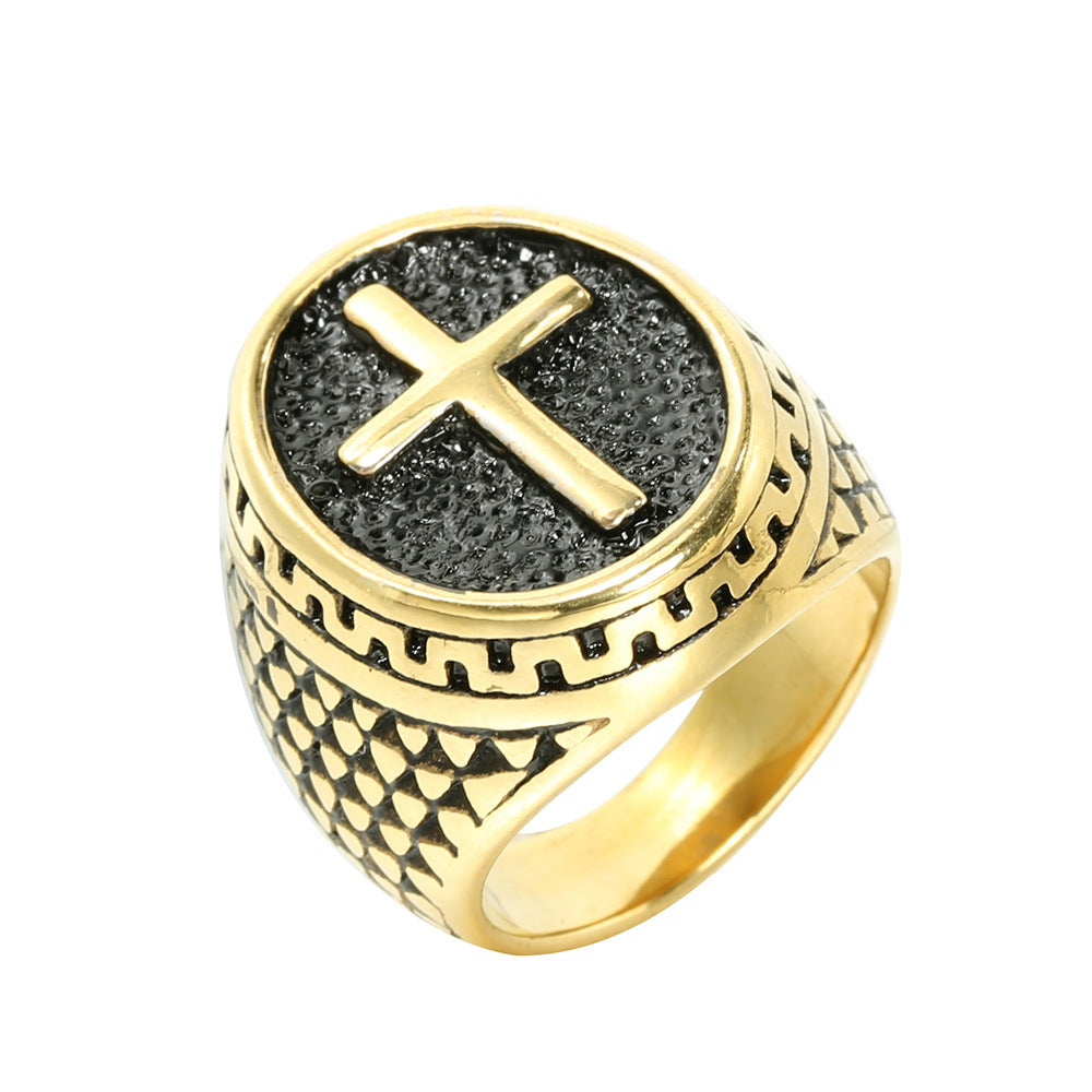 Vintage Embossed Cross Signet Ring, S925 Silver 14K Gold Plated Ethnic Pattern Faith Band For Men