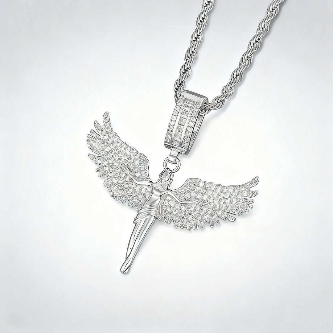 Iced‑Out Spread‑Wings Angel Pendant Hip‑Hop Necklace, Gold & Silver Two‑Tone Options
