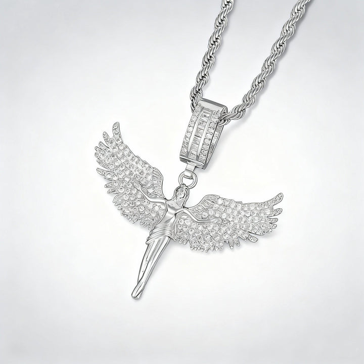 Iced‑Out Spread‑Wings Angel Pendant Hip‑Hop Necklace, Gold & Silver Two‑Tone Options