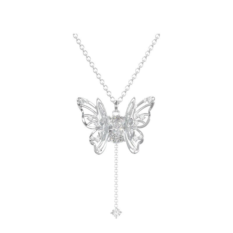 Hollow Butterfly Tassel Pendant Necklace, Pink & Clear Diamond Options, Luxury Girly Butterfly Collarbone Necklace