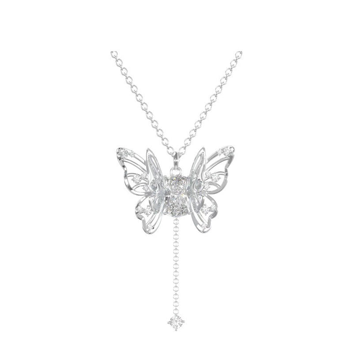 Hollow Butterfly Tassel Pendant Necklace, Pink & Clear Diamond Options, Luxury Girly Butterfly Collarbone Necklace