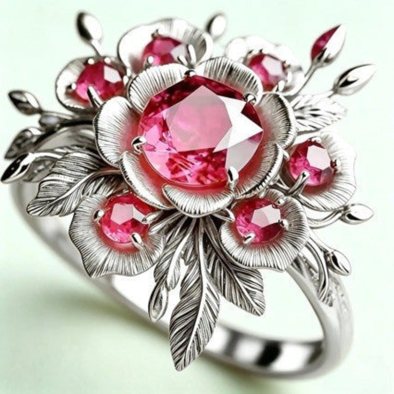 Multi‑Tone 3D Floral Pink Diamond Ring