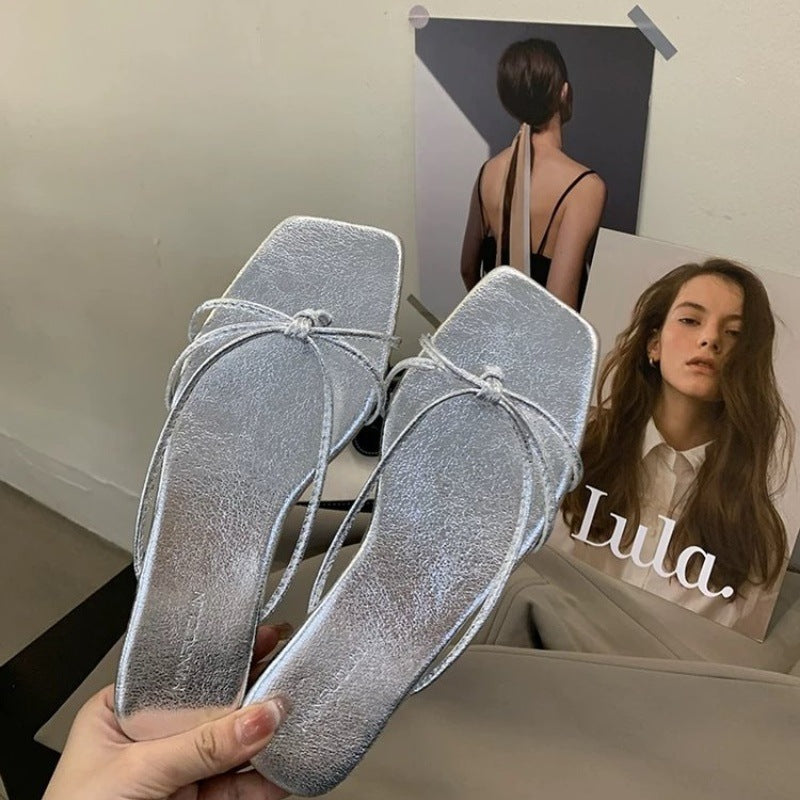 French Thin Strap Square Toe Slide Sandals, Multi Color Flat Summer Slippers