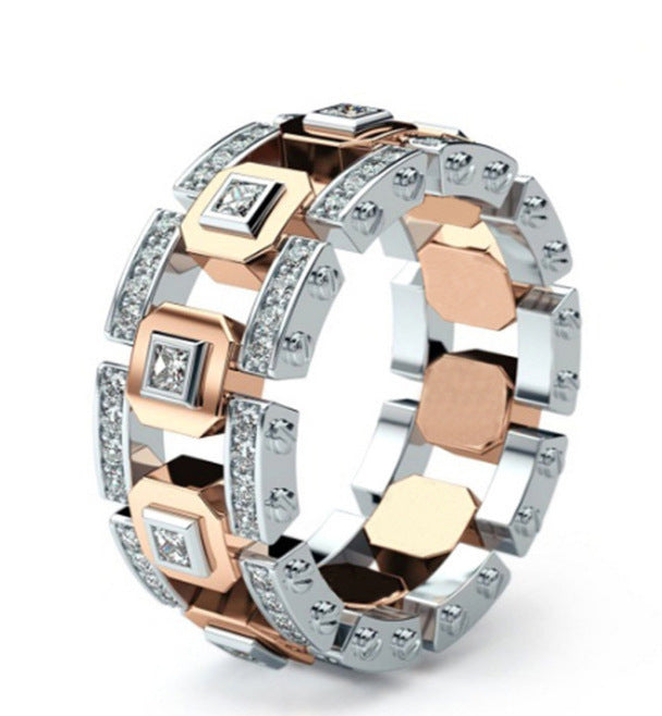 Two-Tone Linked Chain Hollow Full Paved Diamond Wide Ring, S925 Silver Silver-Gold / Silver-Rose Gold Luxury Unisex Band
