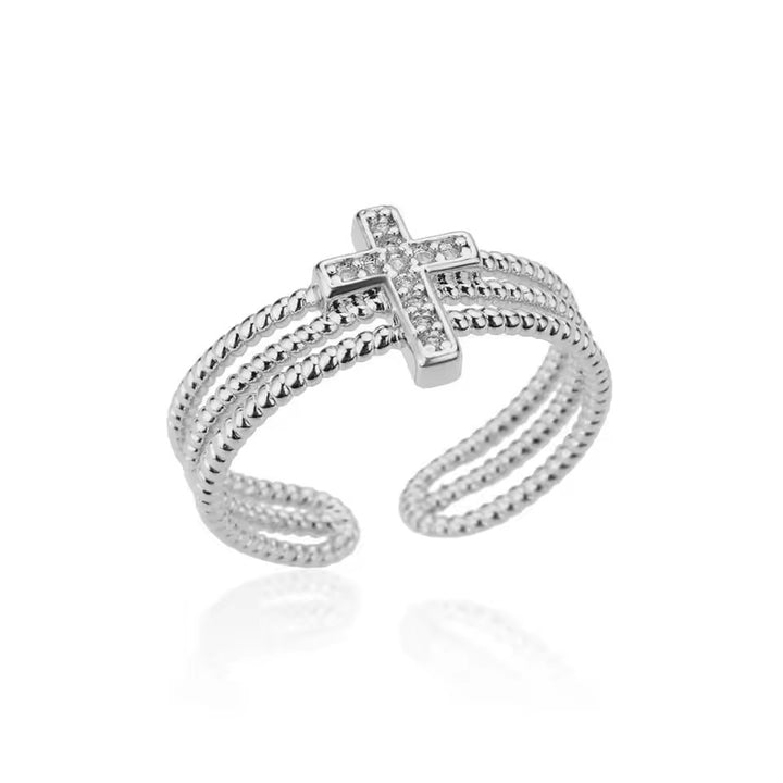 Three-Row Ball Beaded Cross Diamond Open Ring, 2 Colors Adjustable Band
