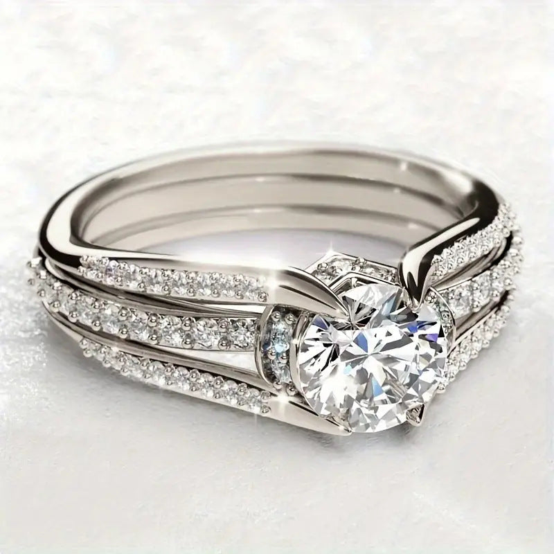 S925 Silver Twisted Shank Round Stone Ring Set, Luxury Split Band Engagement Stackable Ring Set