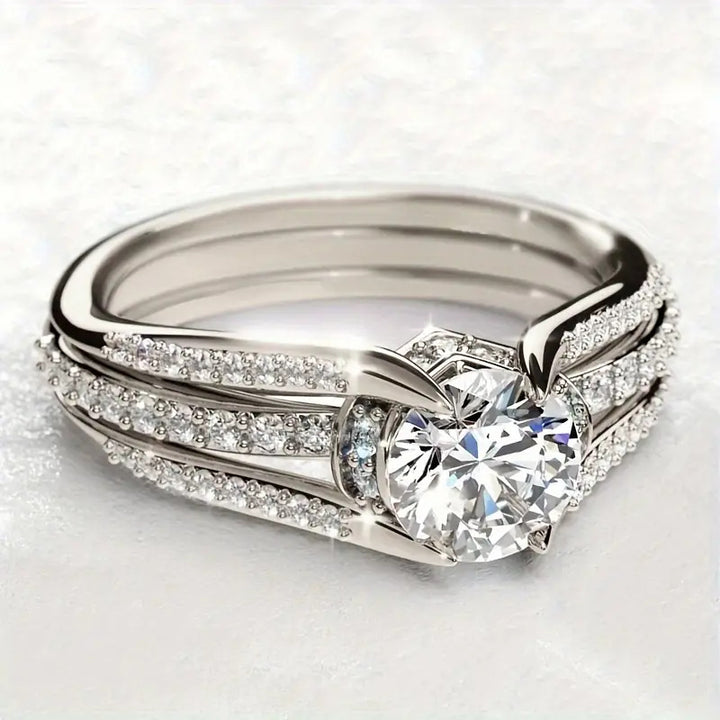 S925 Silver Twisted Shank Round Stone Ring Set, Luxury Split Band Engagement Stackable Ring Set