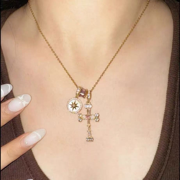Vintage Eight-pointed Star & Multi-stone Cross Pendant Necklace, Luxury Diamond Faith Jewelry