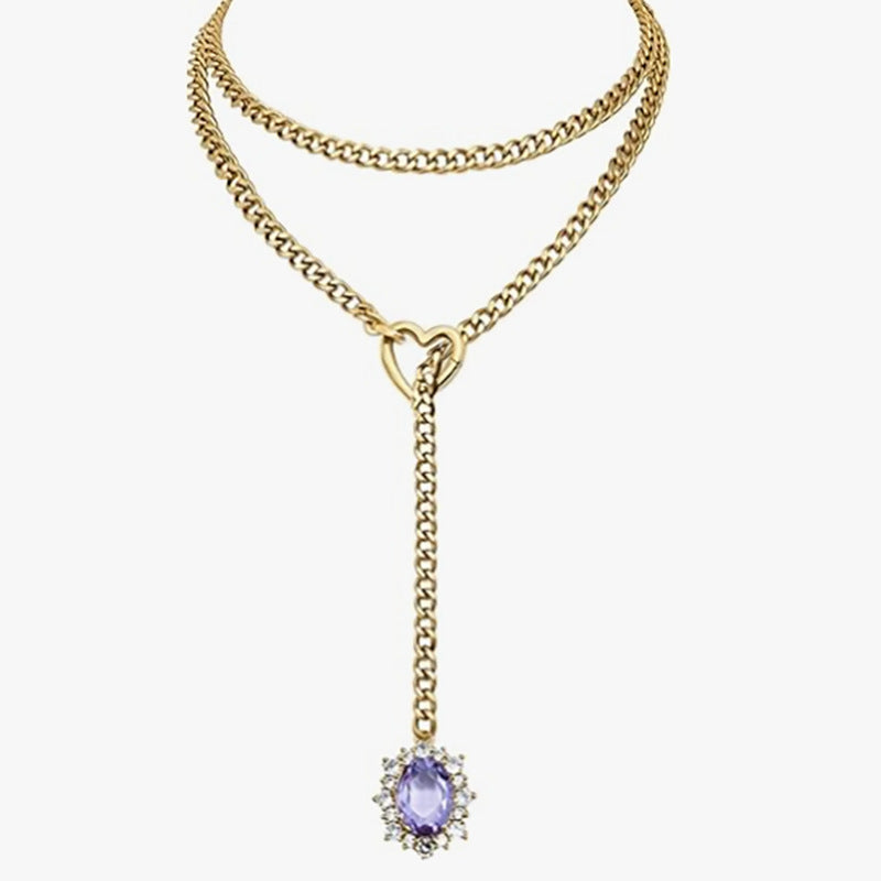 Double Layer Heart Clasp Colored Gem Y-Necklace