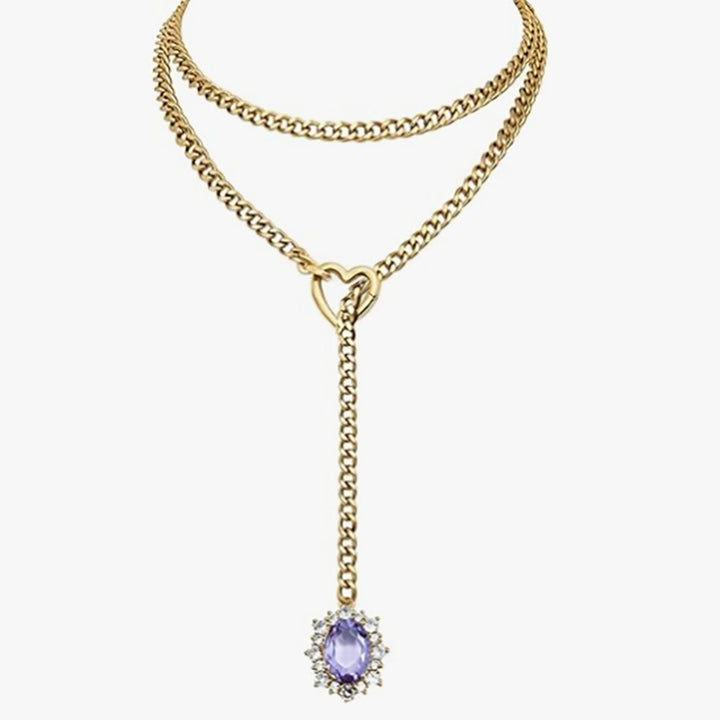 Double Layer Heart Clasp Colored Gem Y-Necklace