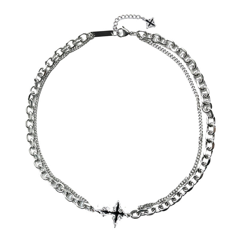 Hip Hop Double Layer Four-Pointed Star Necklace & Bracelet Set, Vintage Silver Enamel Star Unisex Street Accessories