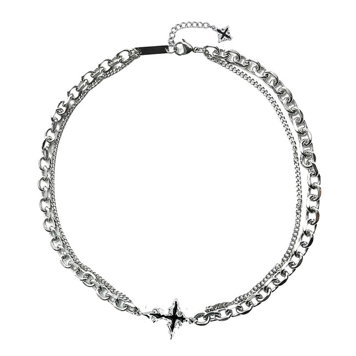 Hip Hop Double Layer Four-Pointed Star Necklace & Bracelet Set, Vintage Silver Enamel Star Unisex Street Accessories