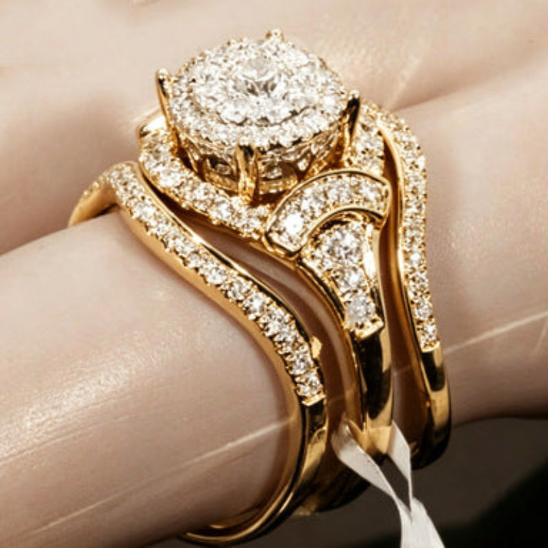 Three‑Tone Round‑Center Halo Wave 3‑Piece Ring Set