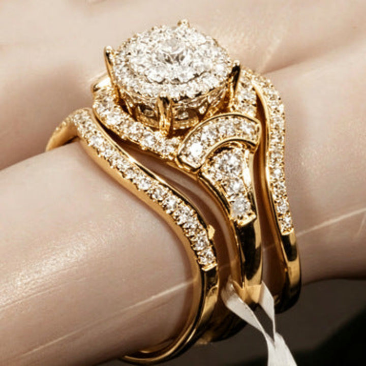 Three‑Tone Round‑Center Halo Wave 3‑Piece Ring Set