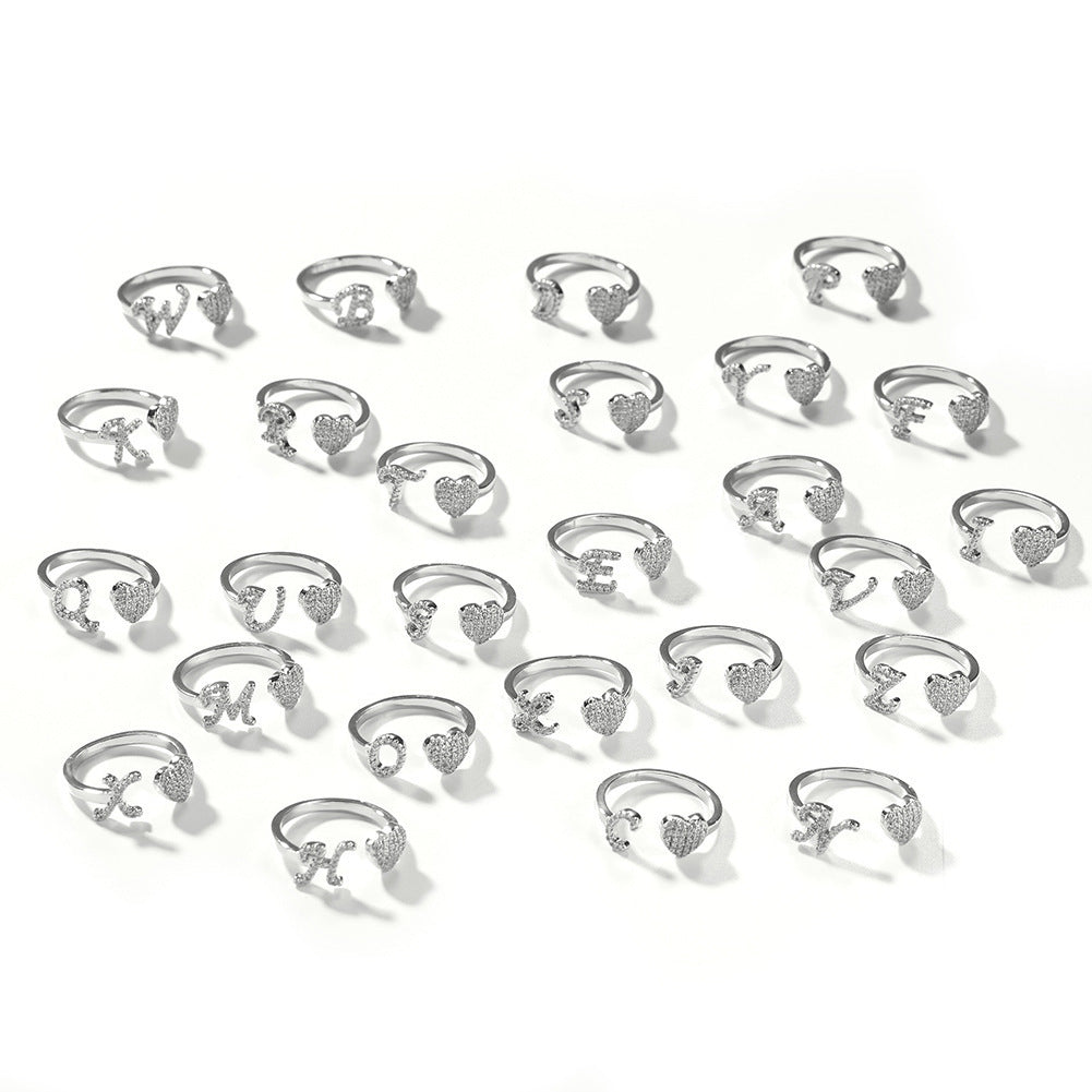 26 Letter Heart S925 Silver Open Ring, Paved Diamond Adjustable Letter Heart Band Available in 3 Tones