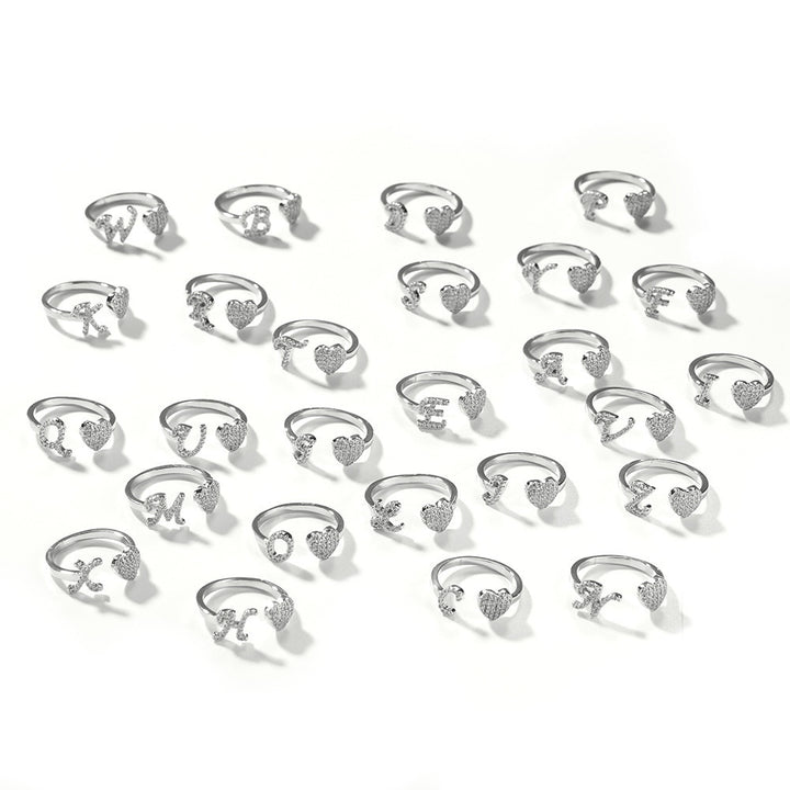 26 Letter Heart S925 Silver Open Ring, Paved Diamond Adjustable Letter Heart Band Available in 3 Tones