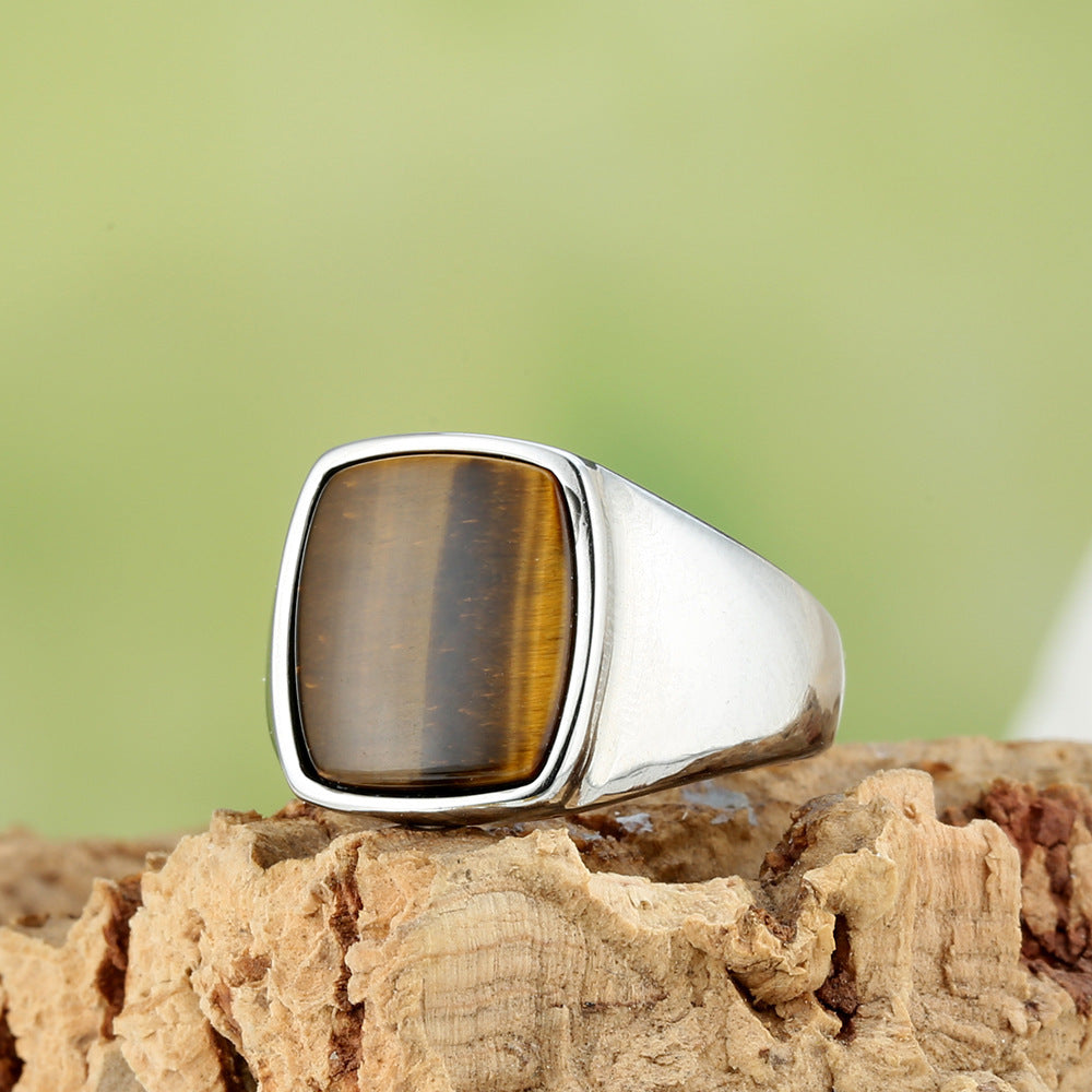 Square Cabochon Stone Bezel Men Signet Ring, Gold Silver Onyx Tiger Eye Vintage Band