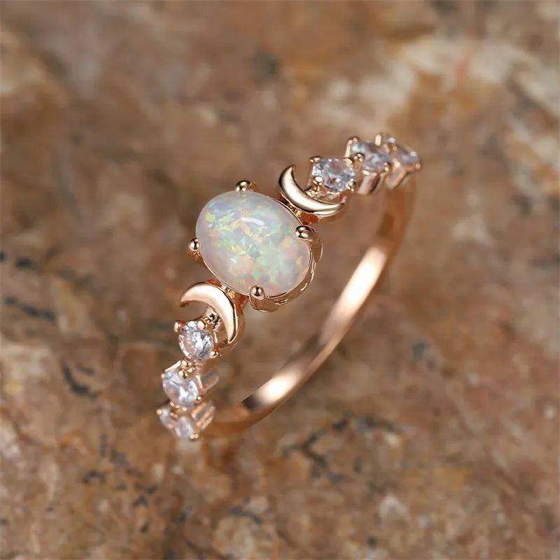 Moon & Star Opal Rose Gold Ring (Dreamy Girly Statement Band)