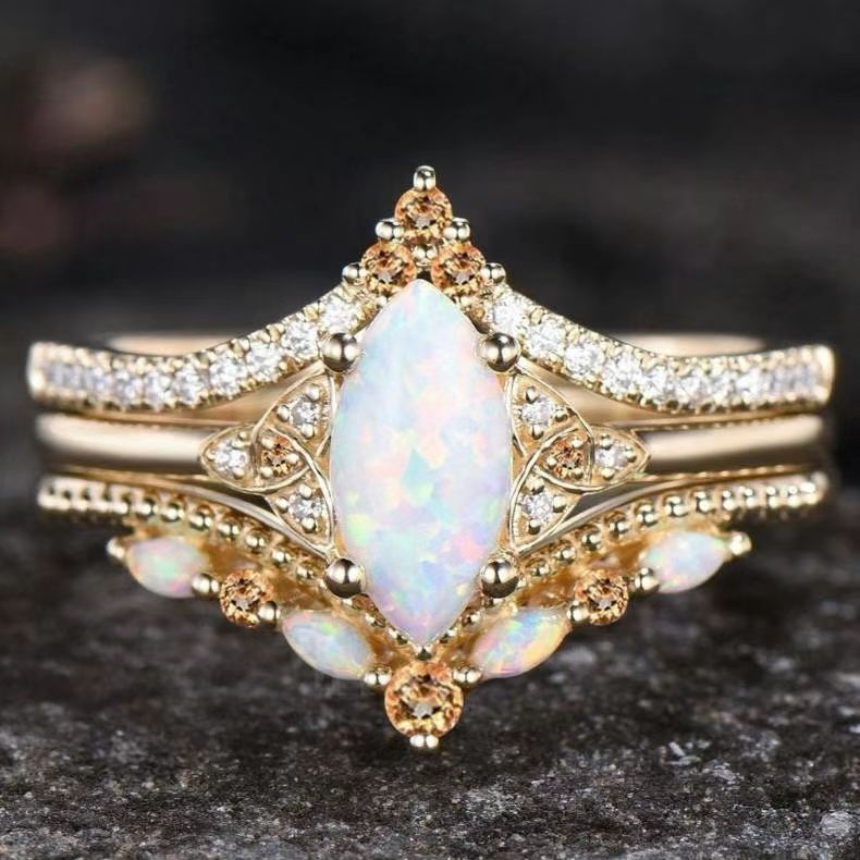 Marquise Opal Crown 3-Piece Stackable Ring Set, 3-Tone Vintage Luxury Paved Wedding Engagement Ring Set for Women