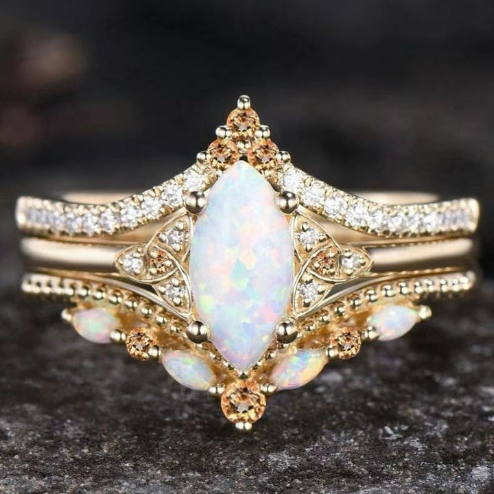 Marquise Opal Crown 3-Piece Stackable Ring Set, 3-Tone Vintage Luxury Paved Wedding Engagement Ring Set for Women