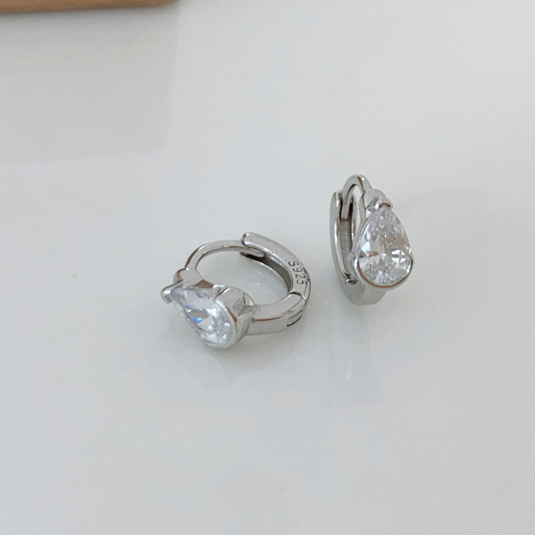 Teardrop & Rectangle Single Diamond Mini Hoop Earrings, Pear/Emerald Cut Diamond Small Click Hoops Gold Silver Dainty Daily Jewelry
