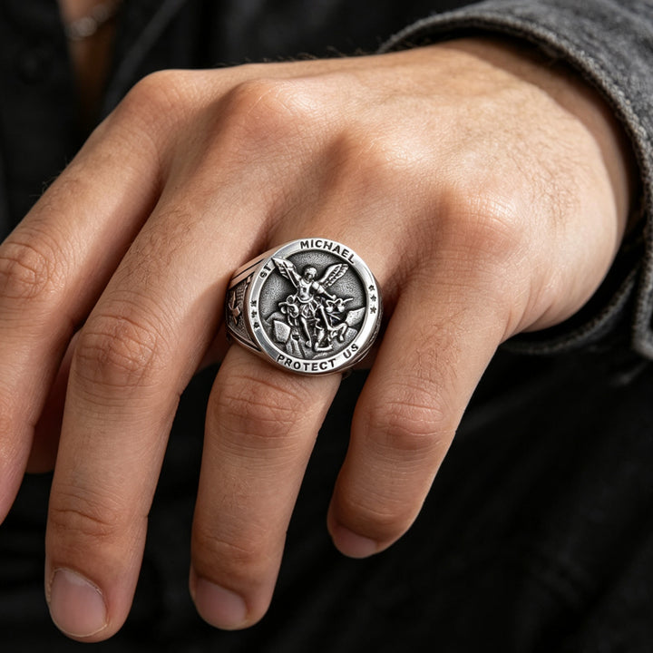 St. Michael Archangel Dragon Slayer Embossed Round Signet Ring, S925 Silver Silver & Gold Two-Tone Vintage Religious Men’s Band