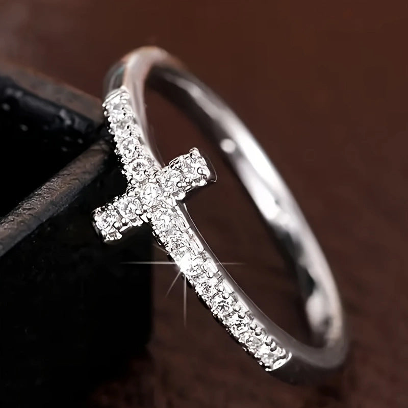 Side Paved Diamond Cross S925 Silver Thin Ring, Minimalist Diamond Band Available in 3 Tones