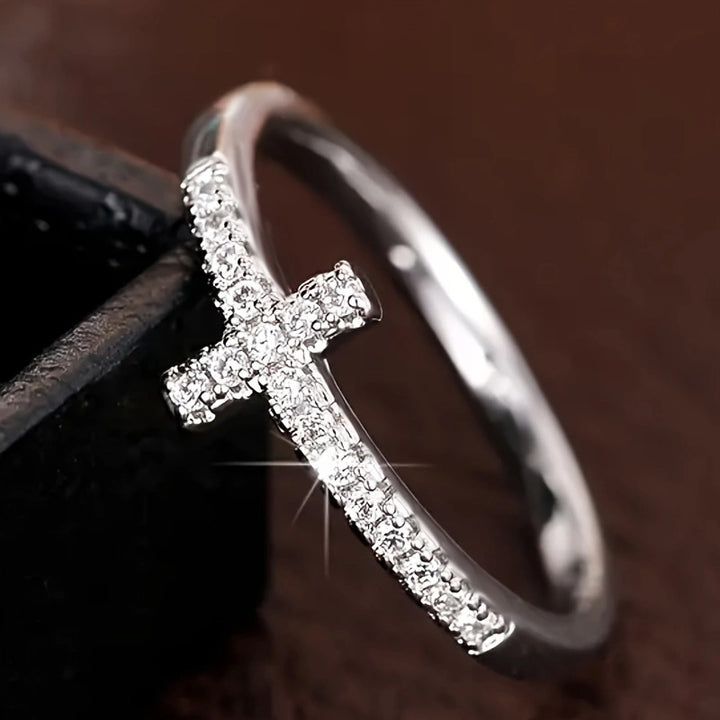 Side Paved Diamond Cross S925 Silver Thin Ring, Minimalist Diamond Band Available in 3 Tones