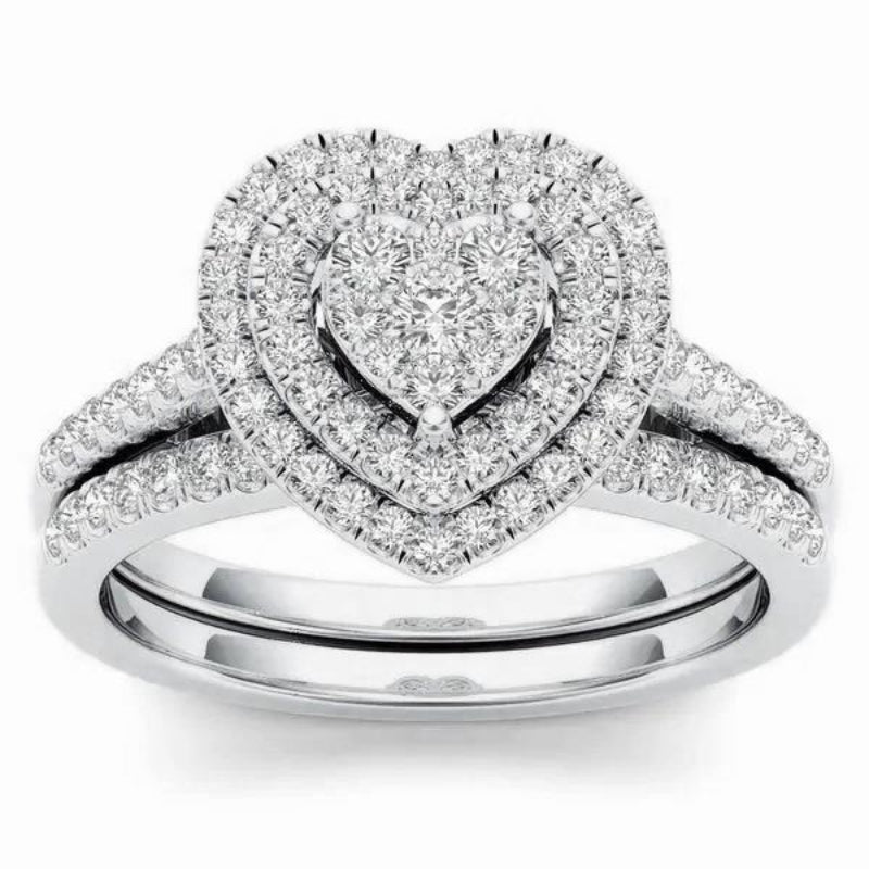 Double Heart Cluster Diamond Ring Two-Piece Set, European Luxury Engagement Wedding Ring Set Full Pave Heart Band for Women