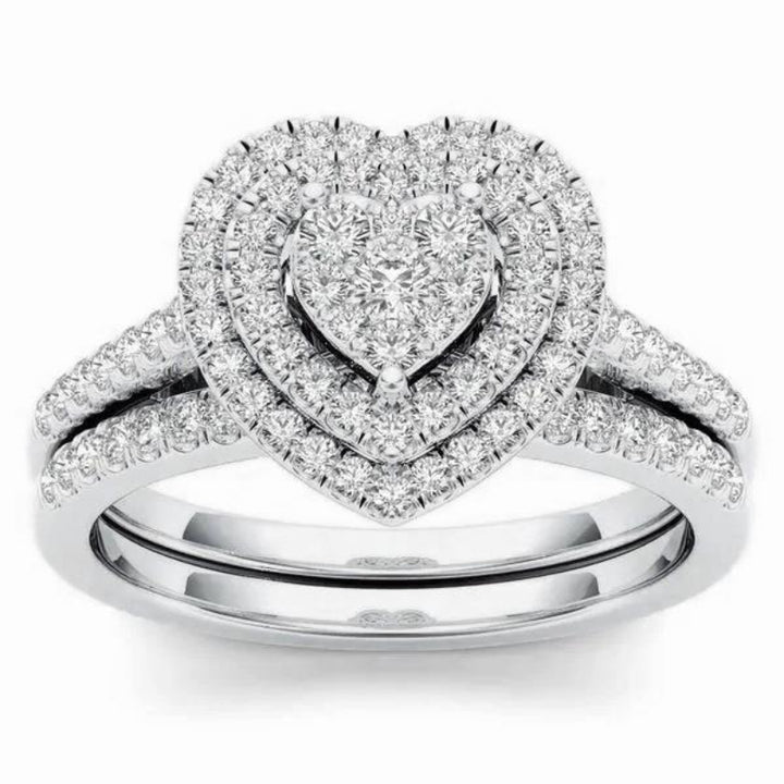 Double Heart Cluster Diamond Ring Two-Piece Set, European Luxury Engagement Wedding Ring Set Full Pave Heart Band for Women