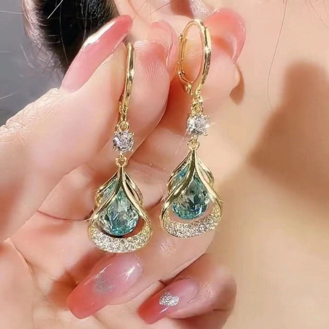 Hollow Waterdrop Gem Hoop Earrings, Luxury Teardrop Gem Dangle Earrings, 3 Colors For Women