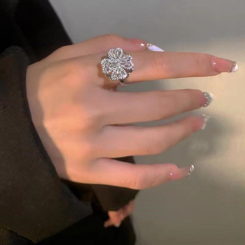 Gold Five-Petal Flower S925 Silver Ring, Luxury Full Diamond 3D Floral Ring, Elegant Inlaid Diamond Adjustable Ring for Banquet