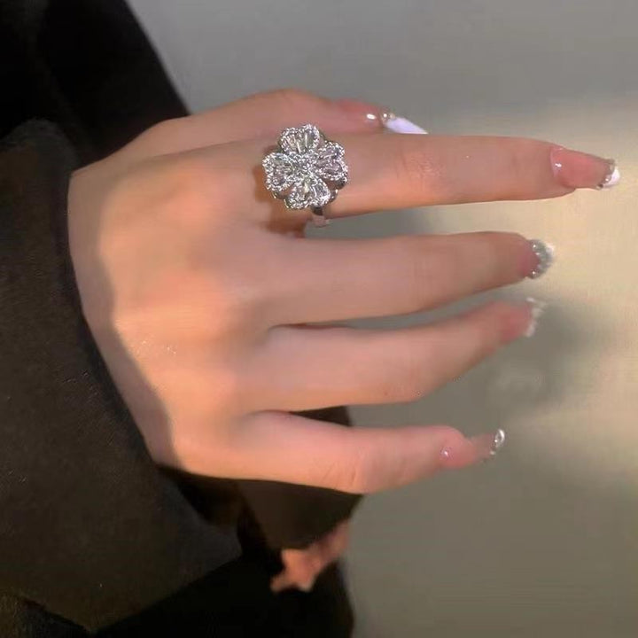 Gold Five-Petal Flower S925 Silver Ring, Luxury Full Diamond 3D Floral Ring, Elegant Inlaid Diamond Adjustable Ring for Banquet