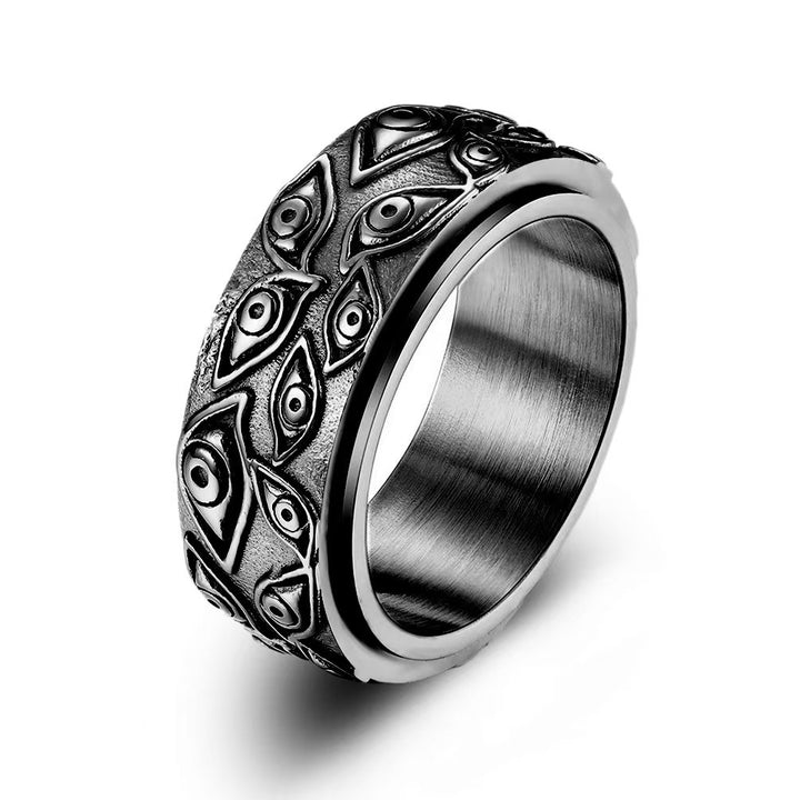 Evil Eye Embossed Rotatable Spinner Ring, Vintage All-Seeing Eye Titanium Steel Fidget Band Gold Silver Black Unisex Jewelry