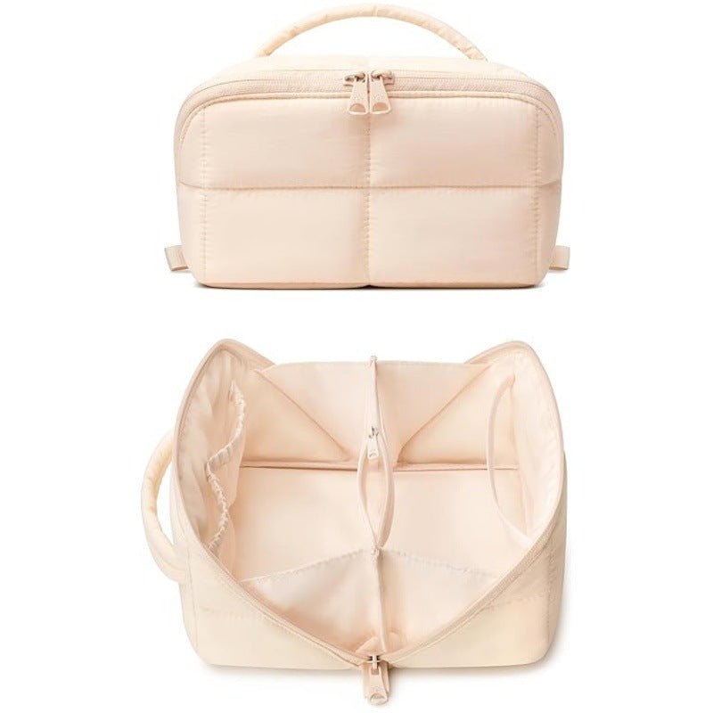 Solid Color Quilted Divided Handheld Makeup Bag, Large Capacity Multi-Compartment Portable Toiletry Storage Case