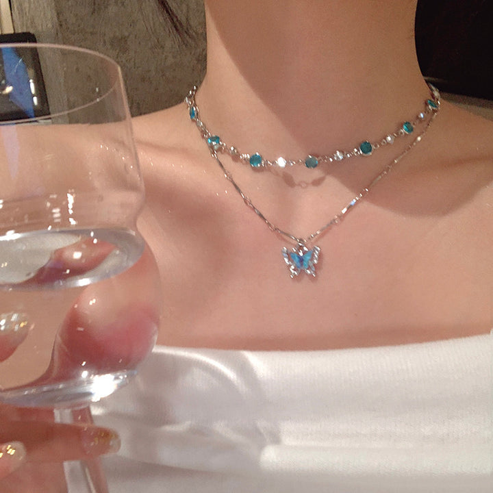 Blue Diamond Butterfly Layered Necklace Set (Luxury Mermaid Choker)