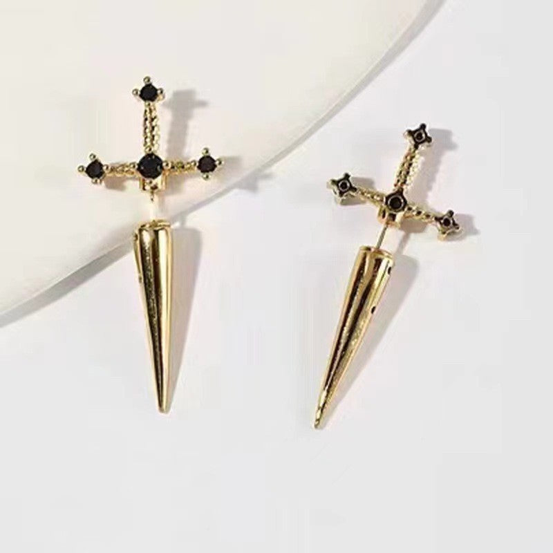 Cross‑Sword Black Diamond Stud Earrings