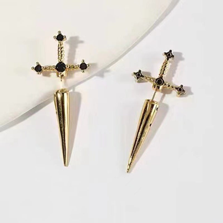Cross‑Sword Black Diamond Stud Earrings