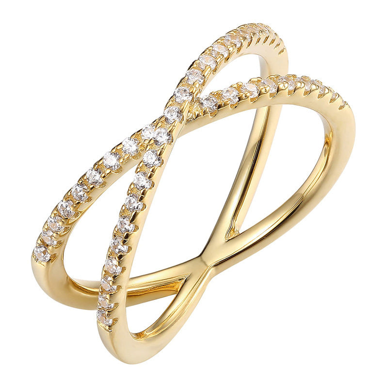 Twisted Cross Paved Diamond X Ring, Double Interlaced Micro Diamond Gold & Silver Luxury Stackable Band