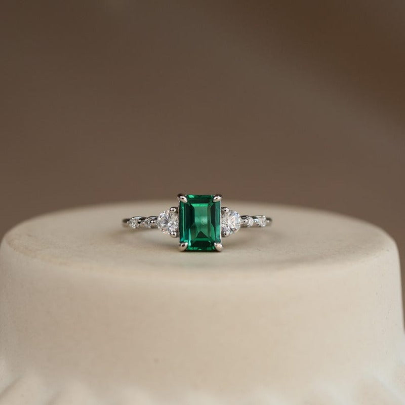 Emerald‑Cut Green Center Stone Three‑Stone Ring, Gold & Silver Two‑Tone Options