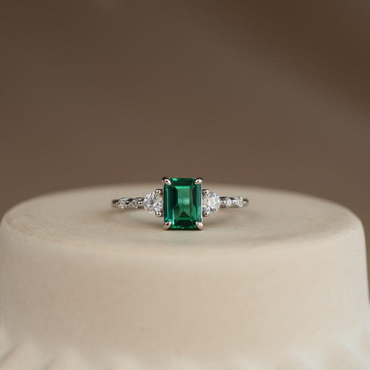 Emerald‑Cut Green Center Stone Three‑Stone Ring, Gold & Silver Two‑Tone Options