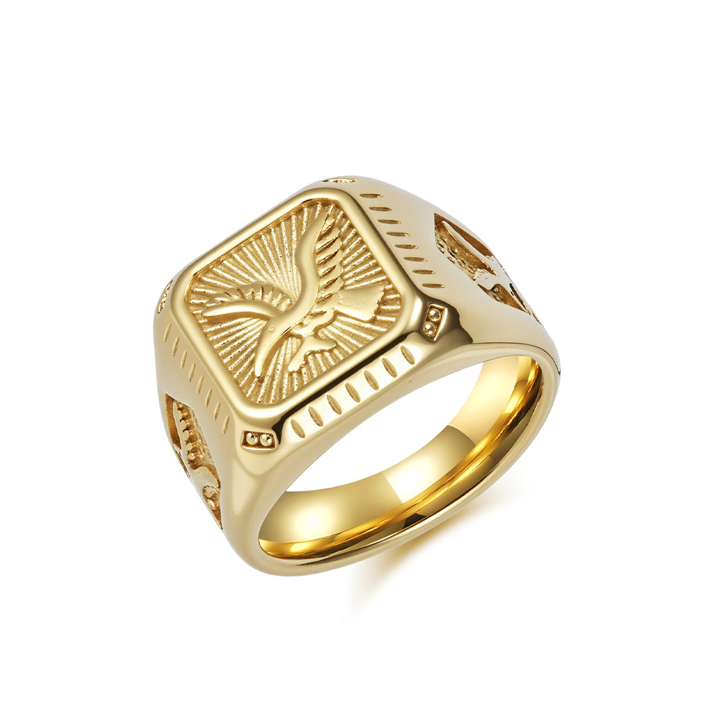 Vintage Embossed Eagle Square Men Ring, Gold & Silver Retro Wide Band Business Statement Signet Ring