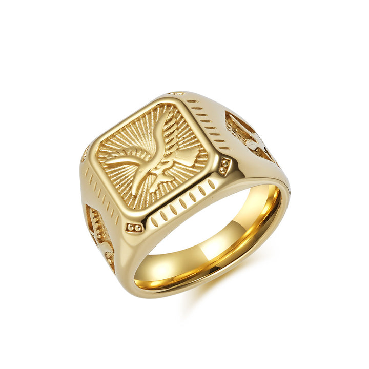 Vintage Embossed Eagle Square Men Ring, Gold & Silver Retro Wide Band Business Statement Signet Ring
