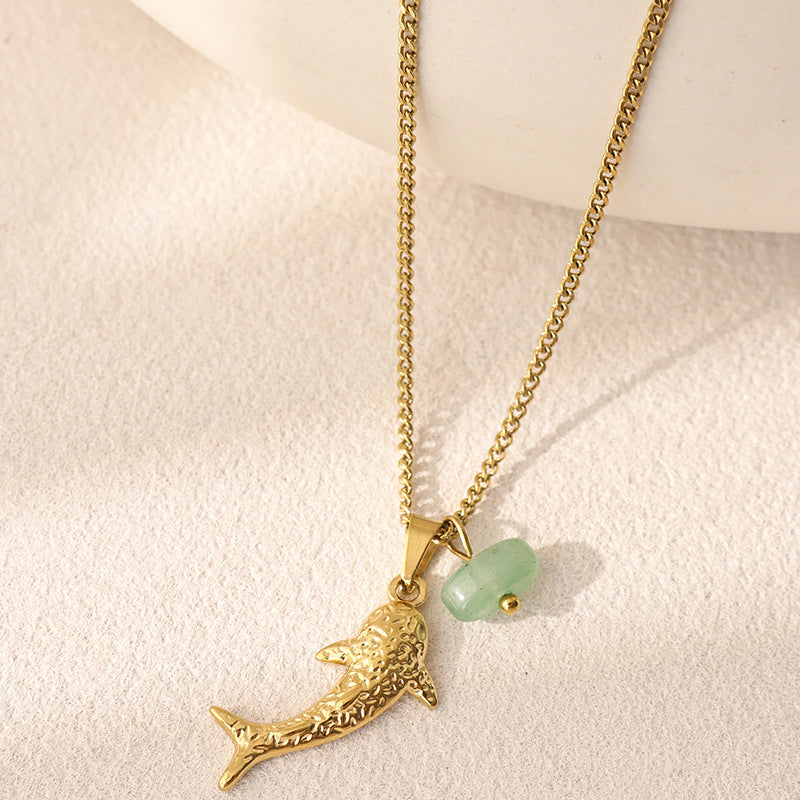 Textured Dolphin Natural Jade Collarbone Necklace, Pink Quartz & Green Aventurine, Gold & Silver Two-Tone Ocean Style Thin Chain