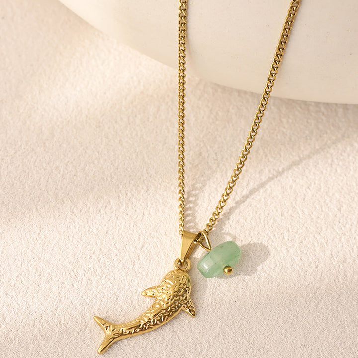 Textured Dolphin Natural Jade Collarbone Necklace, Pink Quartz & Green Aventurine, Gold & Silver Two-Tone Ocean Style Thin Chain